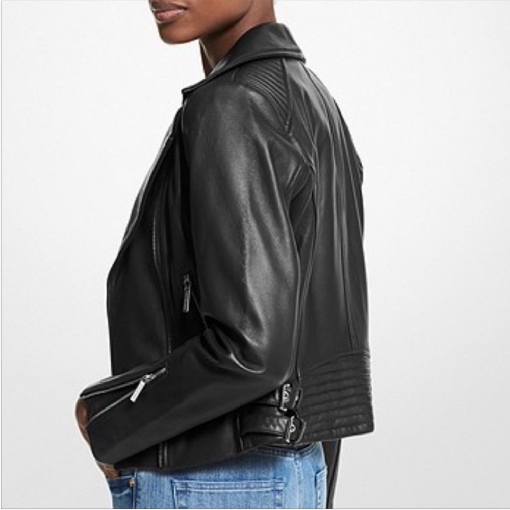 Michael Kors Quilted Leather Moto Jacket Asymmetrical Zip Buckle Genuine - Picture 10 of 16